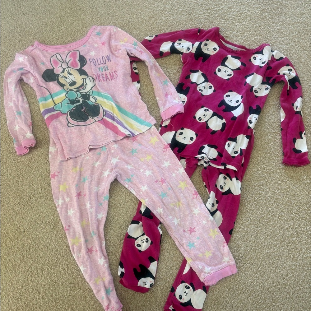 Two sets of Toddler Girls Pajamas 4T pandas 5T Minnie Mouse